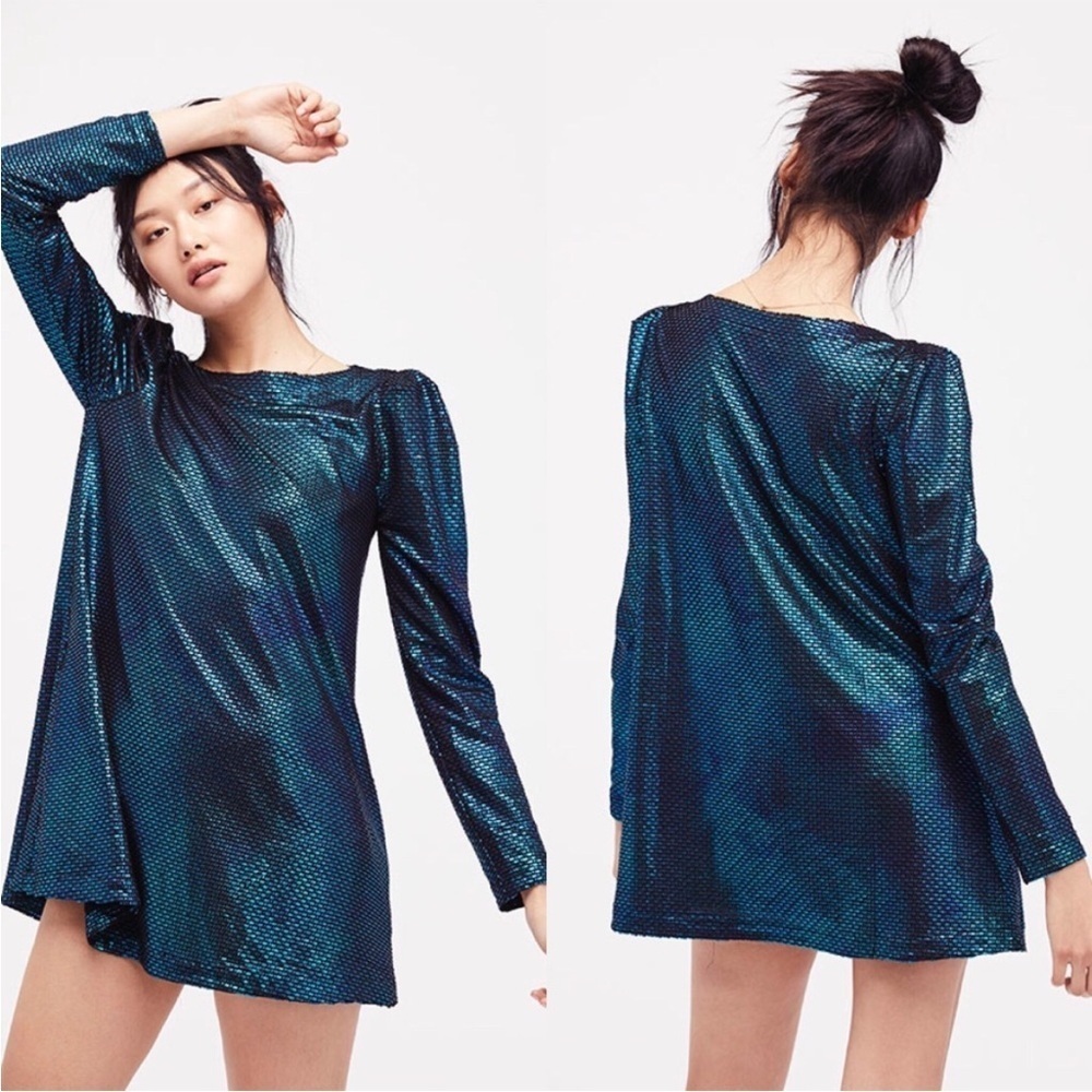 Free People Iridescent Teal Blue Sequin Mini Dress